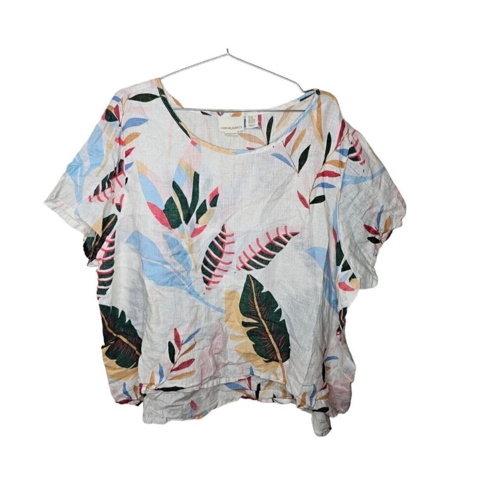 Cynthia Rowley Plus 3X Linen Blouse Top White Floral Leaf Print Tunic - Picture 2 of 8